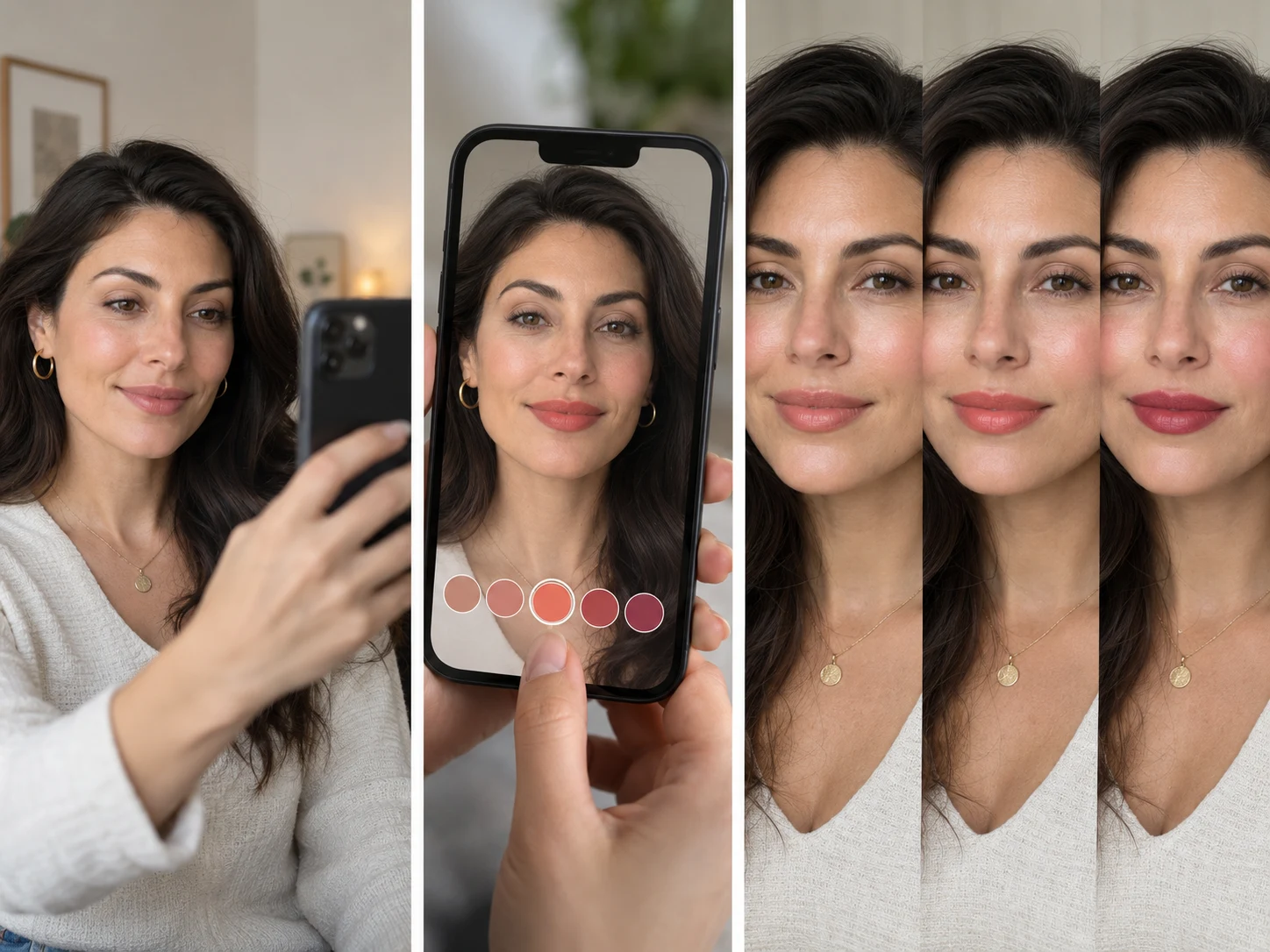 Three steps of a virtual makeup try on: open the camera, tap a lipstick shade, compare three looks