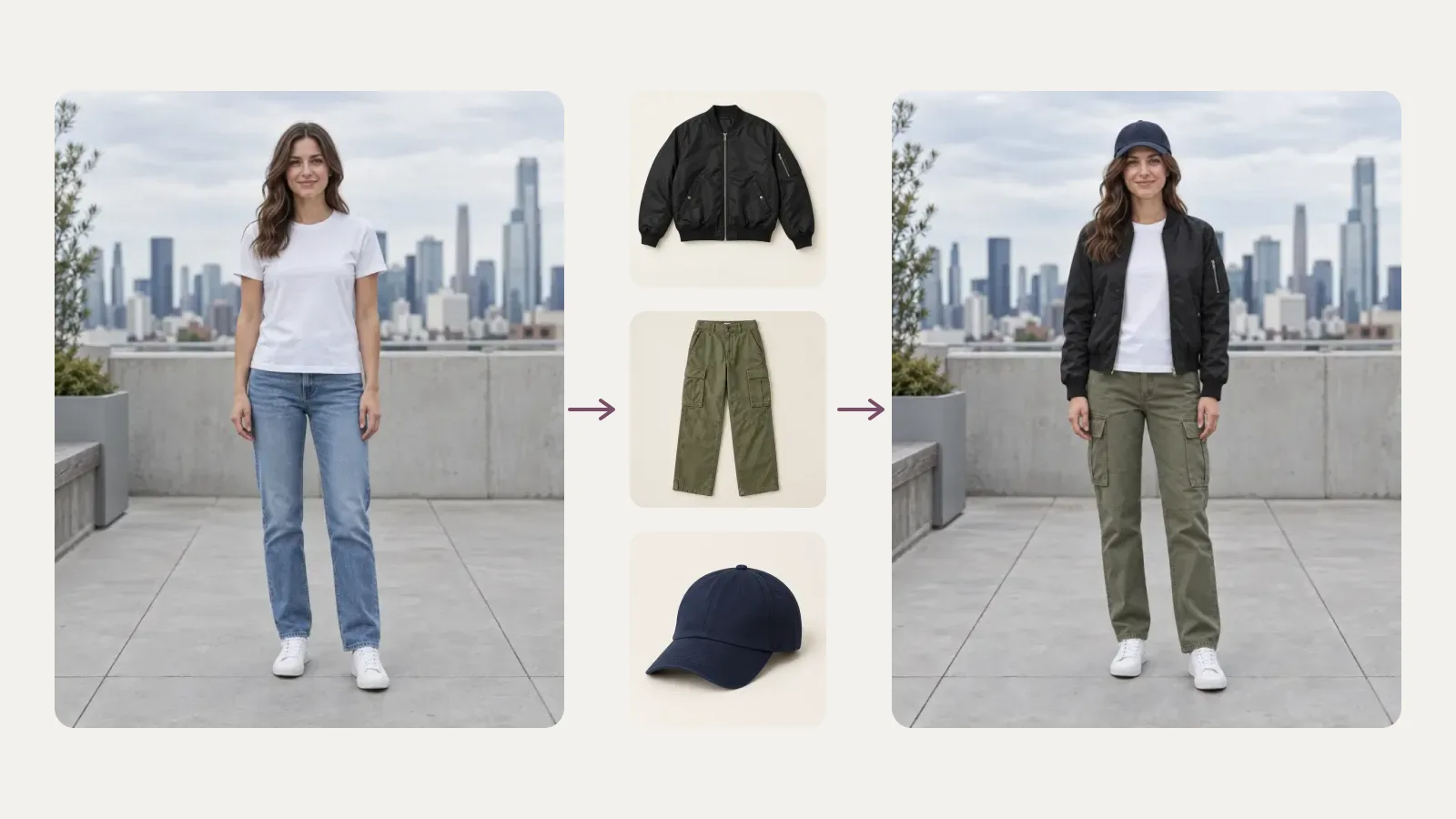 Outfit changer steps: rooftop photo, a bomber, cargo pants and cap, then the new look