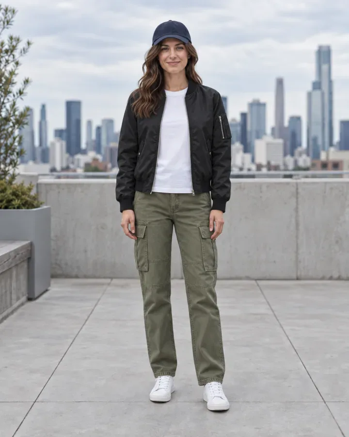 Same woman in a black bomber, olive cargo pants and navy cap after the change