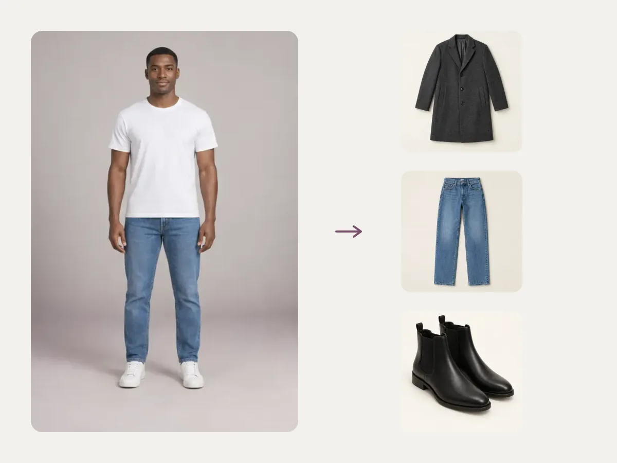 Autumn layers outfit changer idea board with a model and three clothing pieces