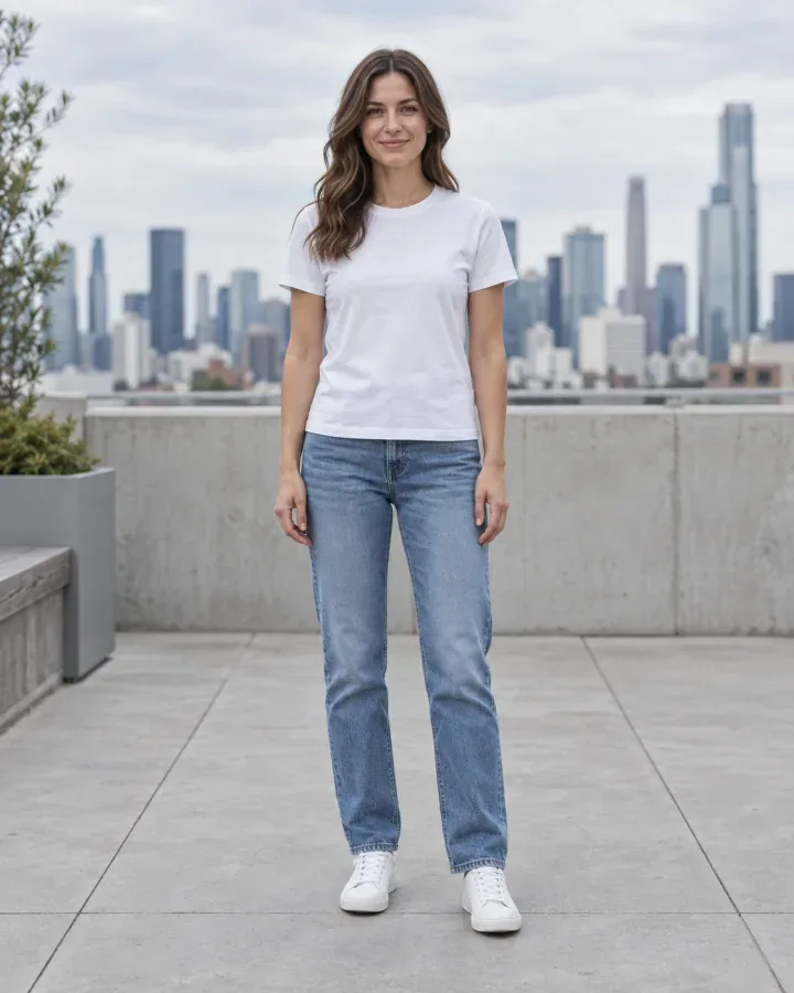 Woman in a white tee and blue jeans on a city rooftop before the outfit changer