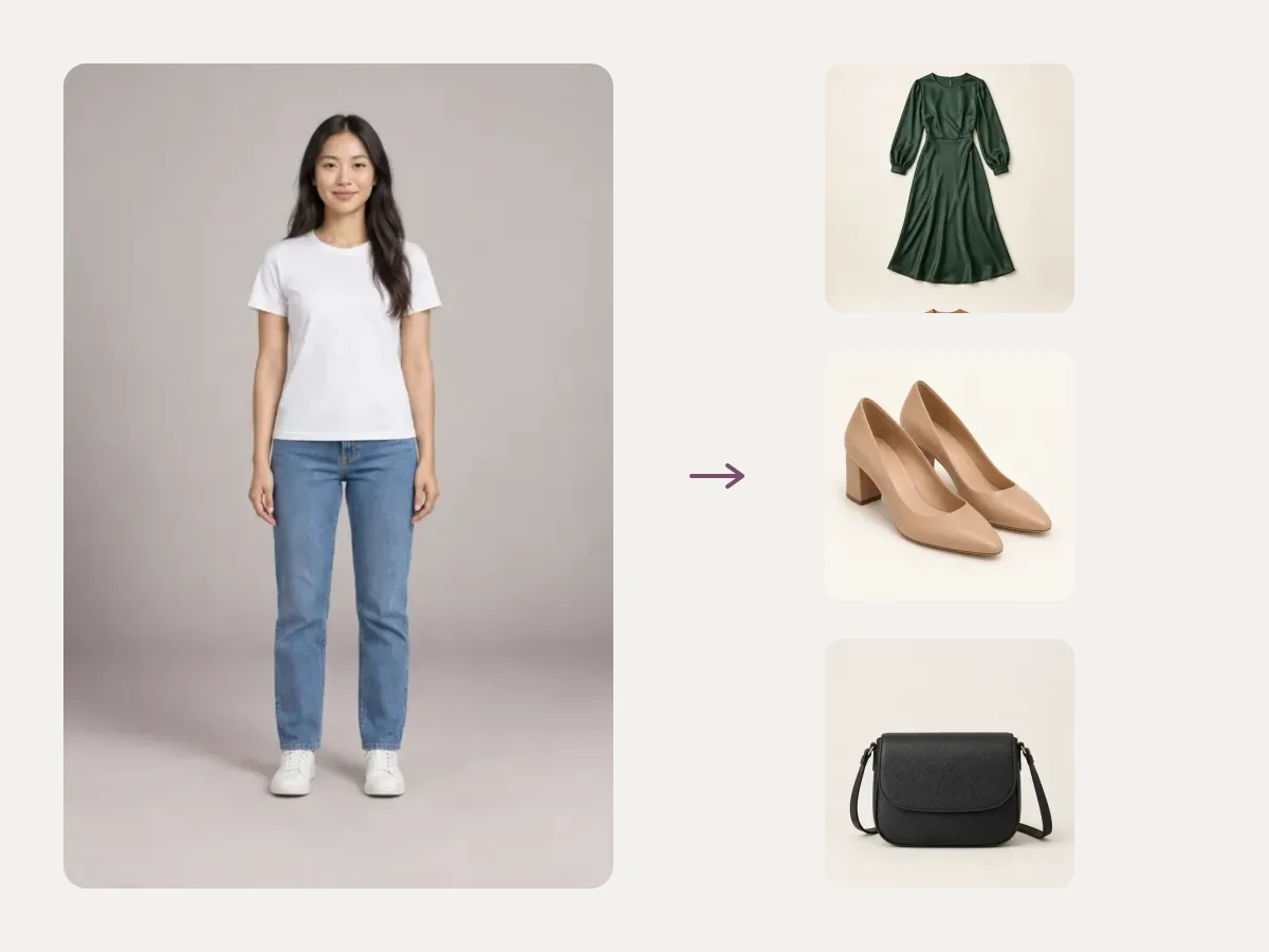 Dinner date outfit changer idea board with a model and three clothing pieces