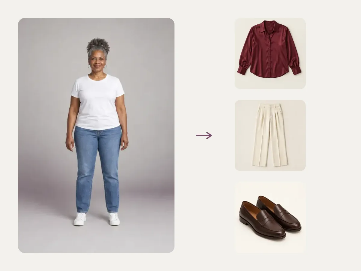 Office day outfit changer idea board with a model and three clothing pieces