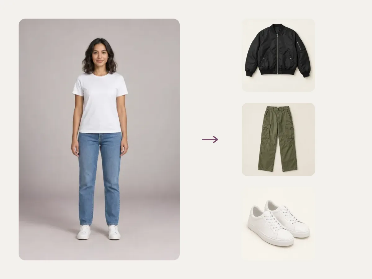 Weekend city outfit changer idea board with a model and three clothing pieces