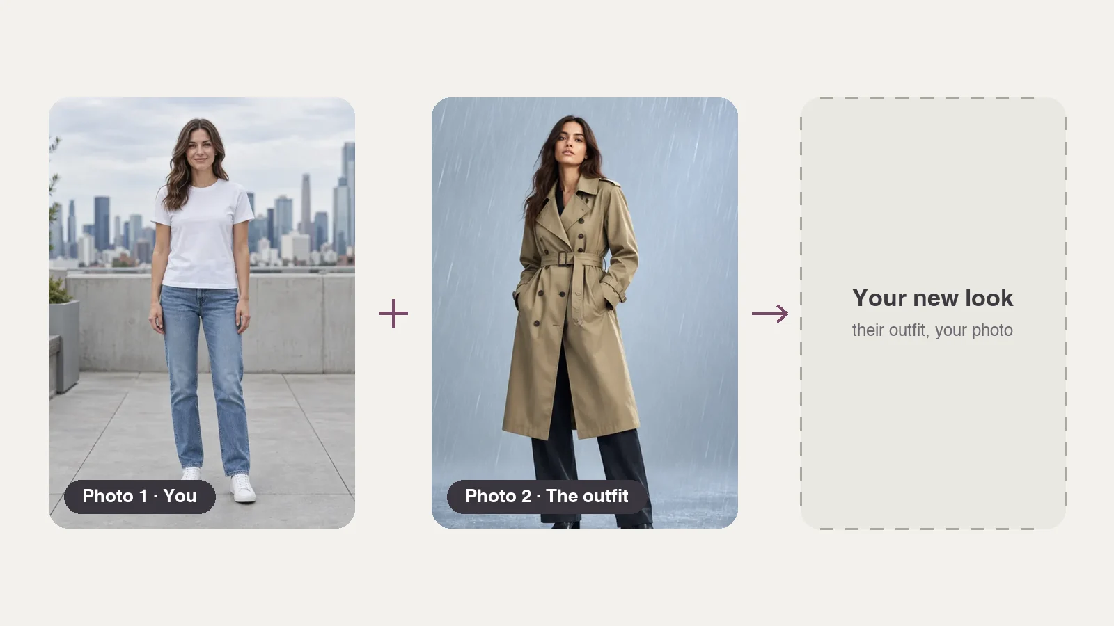Outfit swap inputs: a woman in a white tee on a rooftop plus a photo of a khaki trench look