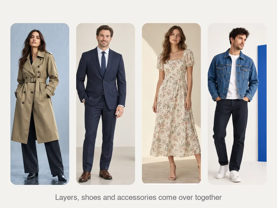 Four looks to copy with an outfit swap: trench coat, navy suit, floral midi dress, denim jacket