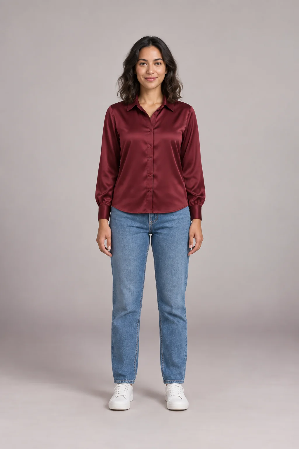 Virtual outfit try on result showing Ava in a burgundy silk blouse