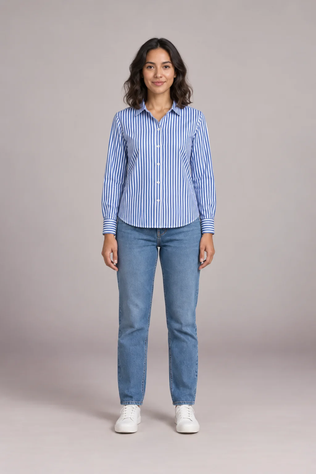 Virtual outfit try on preview of Ava wearing the striped shirt