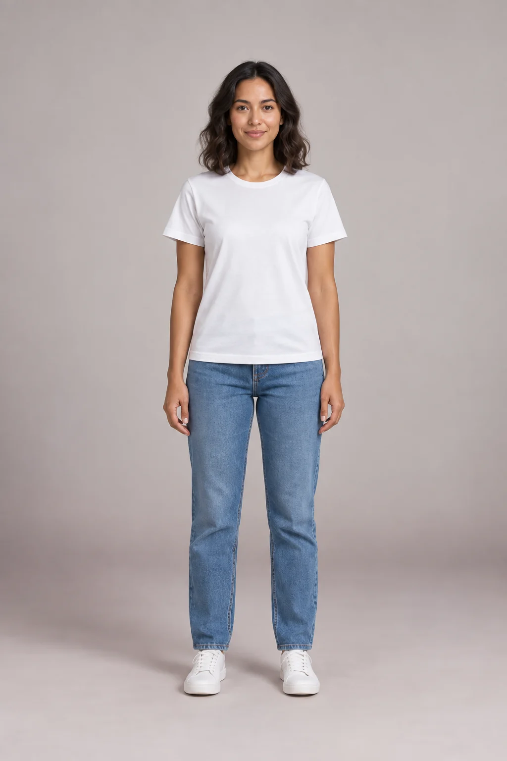Ava in a white T-shirt and jeans before trying several whole outfits