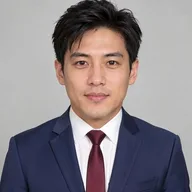 Man in a navy suit, white shirt and burgundy tie, a headshot made from a T-shirt selfie