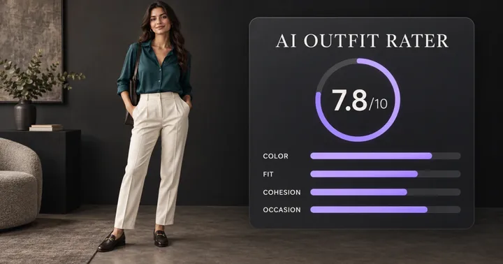 Woman in a green blouse and cream trousers next to a 7.8 out of 10 outfit score card