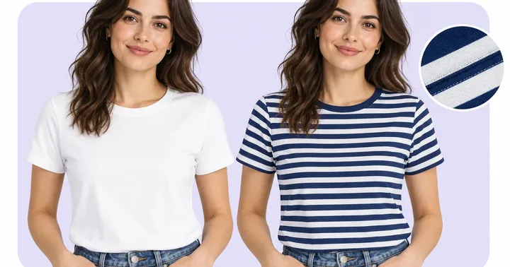 Virtual try on tools in action: a plain white tee swapped for a navy striped tee on the same woman