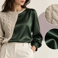 Woman in a cream cable knit and a green satin blouse, with close-up fabric swatches