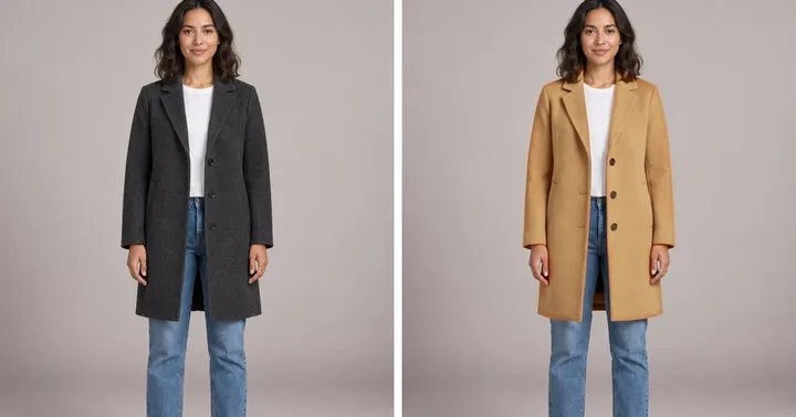 Charcoal coat recolored camel on the same woman, with her jeans and white tee left unchanged