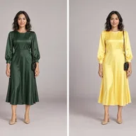 Green satin midi dress recolored butter yellow on the same woman by one of our virtual try on tools