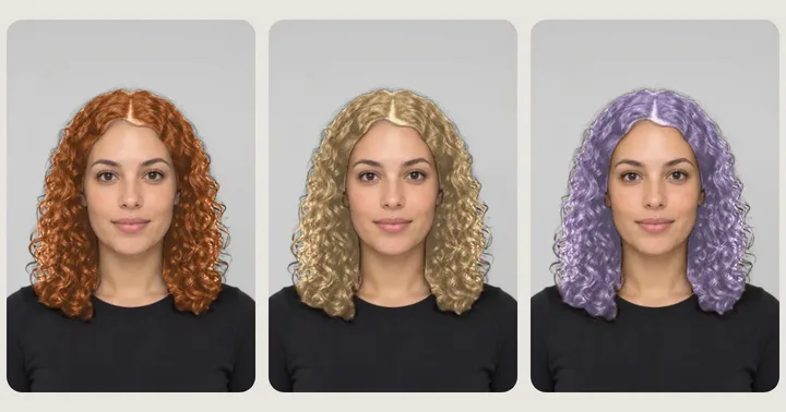 One curly-haired woman in copper, blonde and lilac, compared with virtual try on tools
