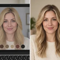 Blonde balayage previewed live on a laptop, then as a finished photo from virtual try on tools