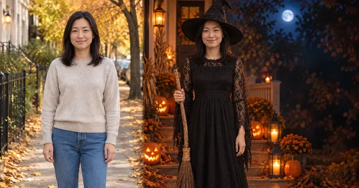 Woman in a grey sweater on an autumn street, then dressed as a witch on a porch at night