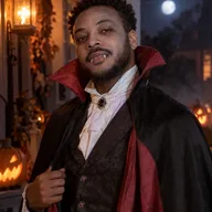 Man dressed as a vampire in a red-lined cape on a porch lit by jack-o’-lanterns