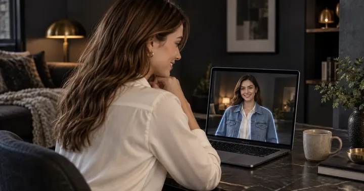 Woman at a laptop seeing herself in a denim jacket through one of the camera-based virtual try on tools