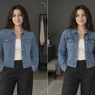 Denim jacket shown as a live camera preview next to the finished AI photo