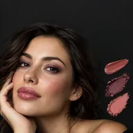 Woman wearing mauve eyeshadow and rose lips beside matching powder swatches