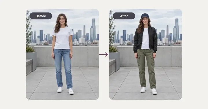 Rooftop before and after: white tee and jeans become a black bomber jacket and olive cargo pants