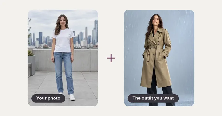 A rooftop photo of a woman and a beige trench coat look, the two pictures an outfit swap combines