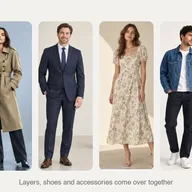 Four whole looks side by side: a trench coat, a navy suit, a floral dress and a denim jacket