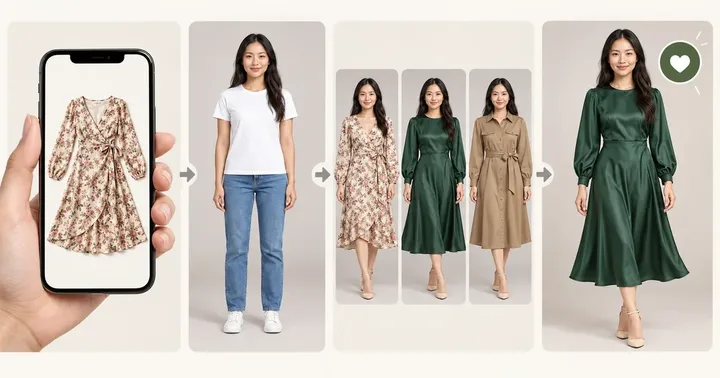 Phone showing a floral dress, then the same woman trying three dresses with virtual try on tools