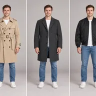 Man trying a beige trench, a charcoal overcoat and a black bomber with virtual try on tools