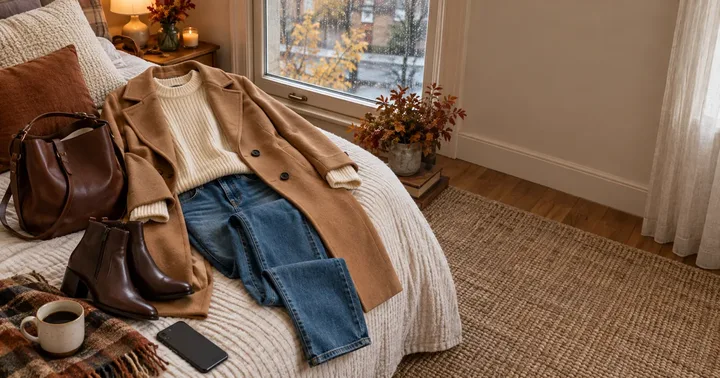Autumn outfit laid out on a bed: camel coat, cream knit, jeans and brown ankle boots