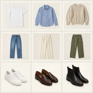 Nine-piece capsule laid flat: three tops, three bottoms and three pairs of shoes