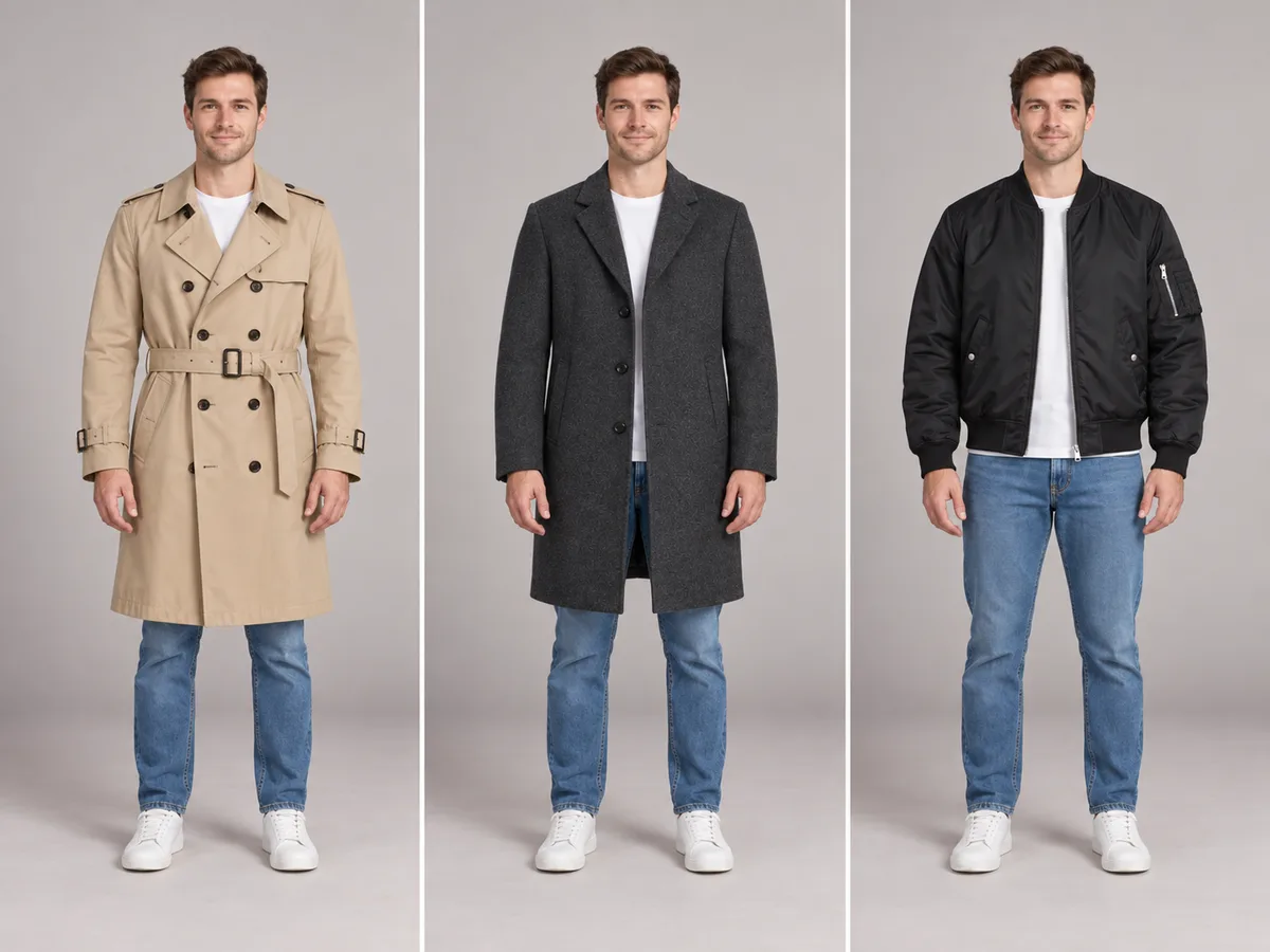 Leo comparing a khaki trench, charcoal wool coat and black bomber in the same studio pose