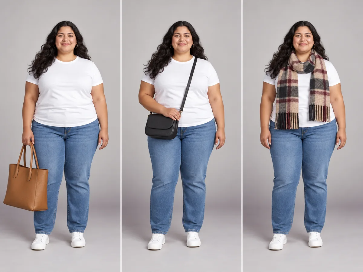 Rosa comparing a camel tote, black crossbody bag and plaid scarf with the same outfit