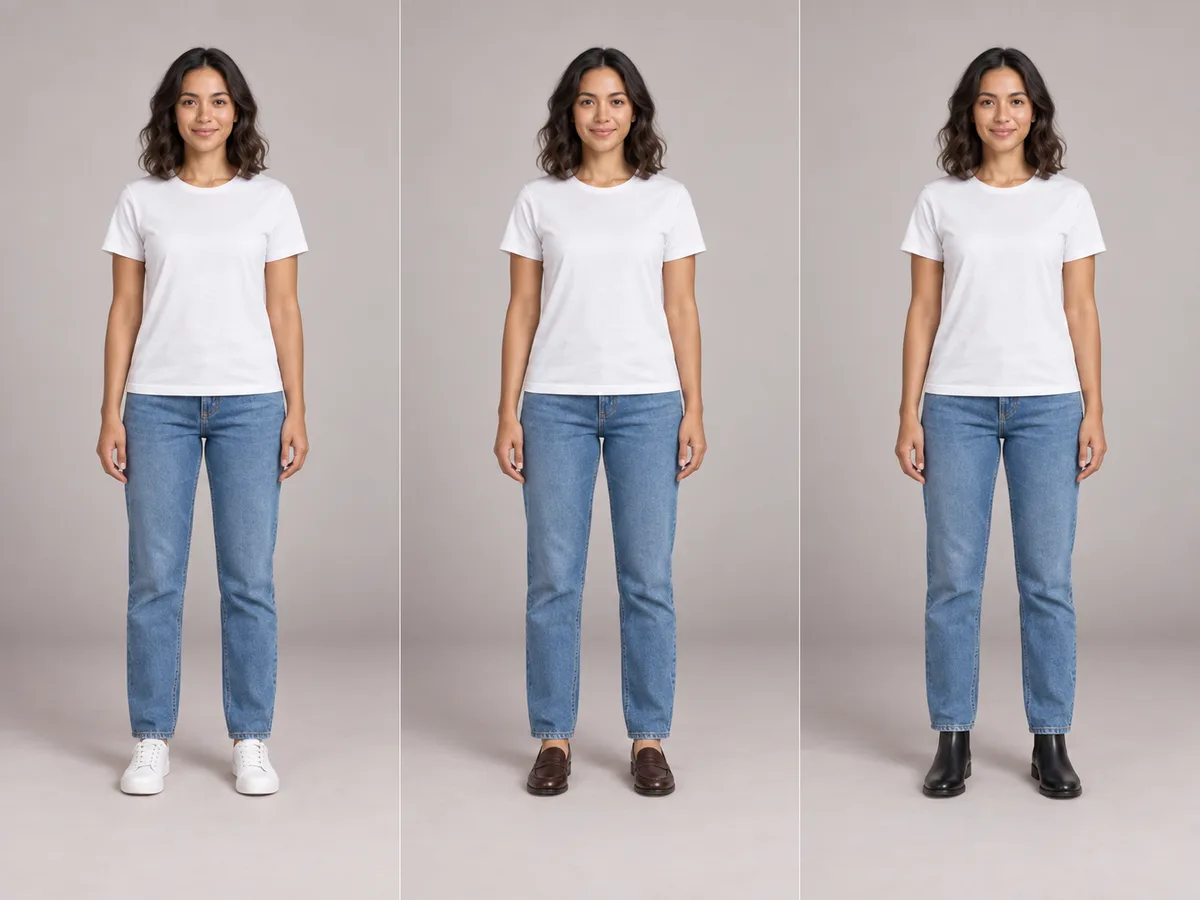Ava using virtual outfit try on to compare white sneakers, brown loafers and black ankle boots