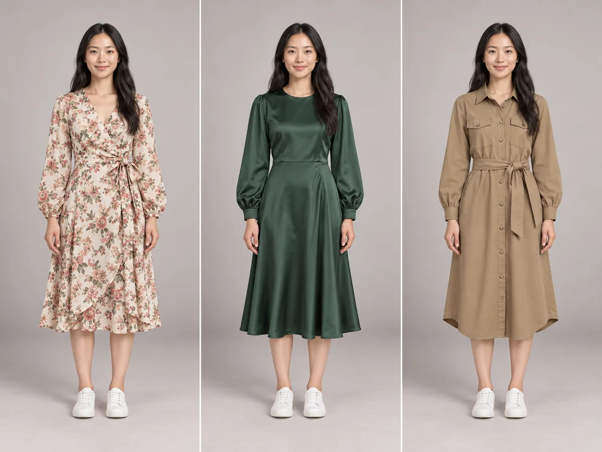 Three virtual outfit try on results of Mina in floral, green satin and khaki dresses