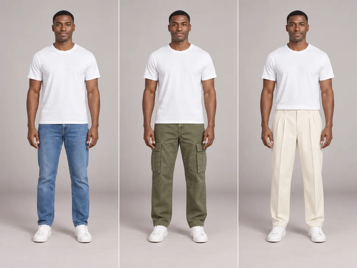 Virtual outfit try on comparison of Jon in jeans, olive cargos and cream pleated trousers