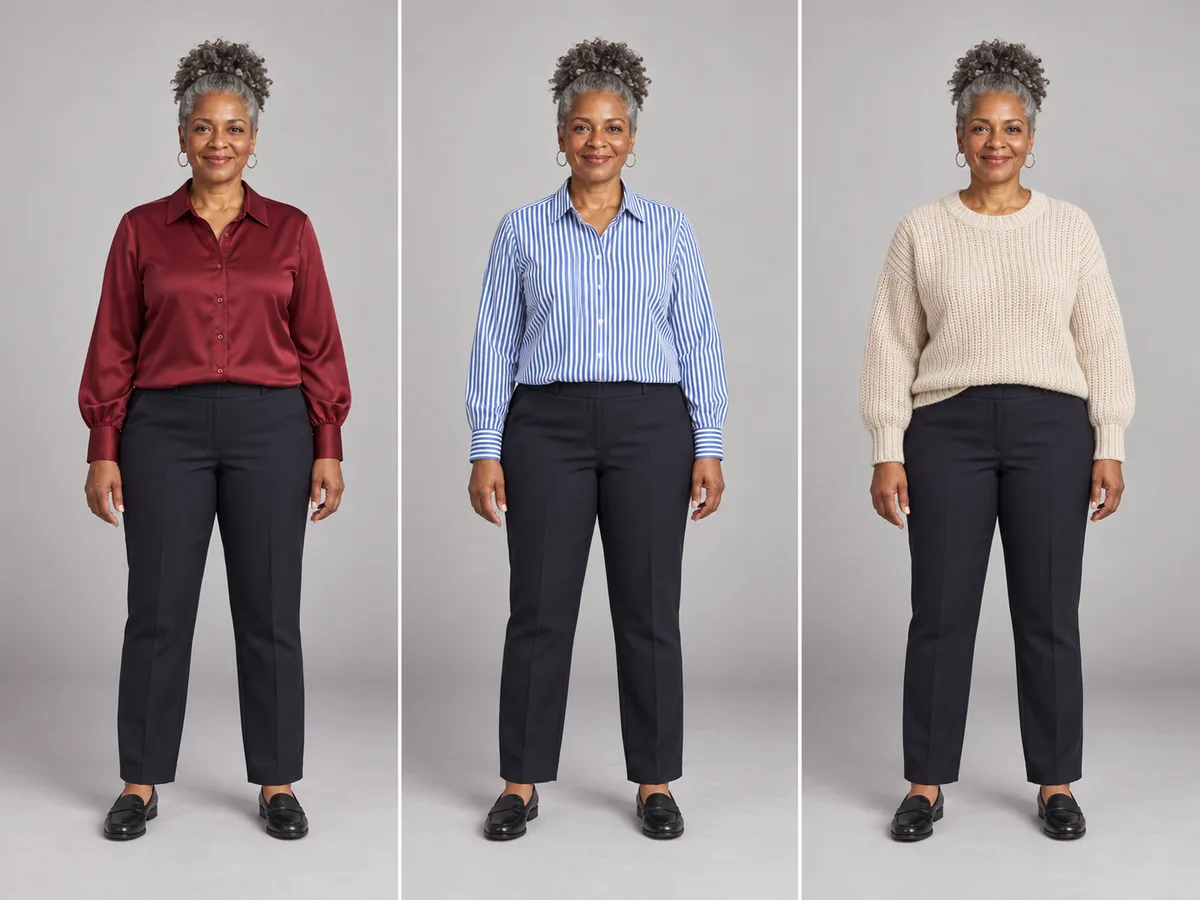 Nia comparing burgundy silk, blue striped and oatmeal knit work tops in one studio pose