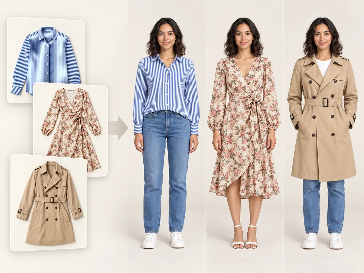 Product photos from three online stores becoming three try-on looks on the same shopper