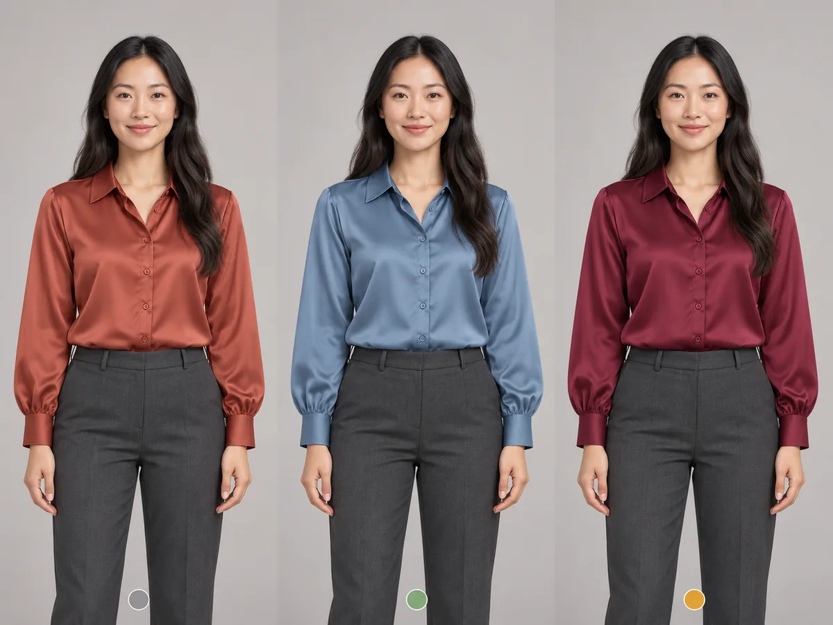 Same shopper wearing terracotta, dusty blue and deep berry blouses for a color-season check