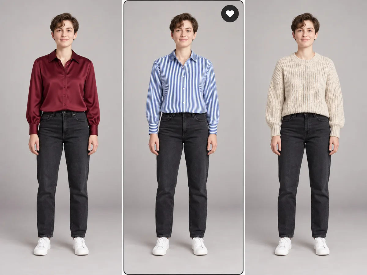 Three side-by-side tops on the same shopper with the striped shirt marked as the favorite