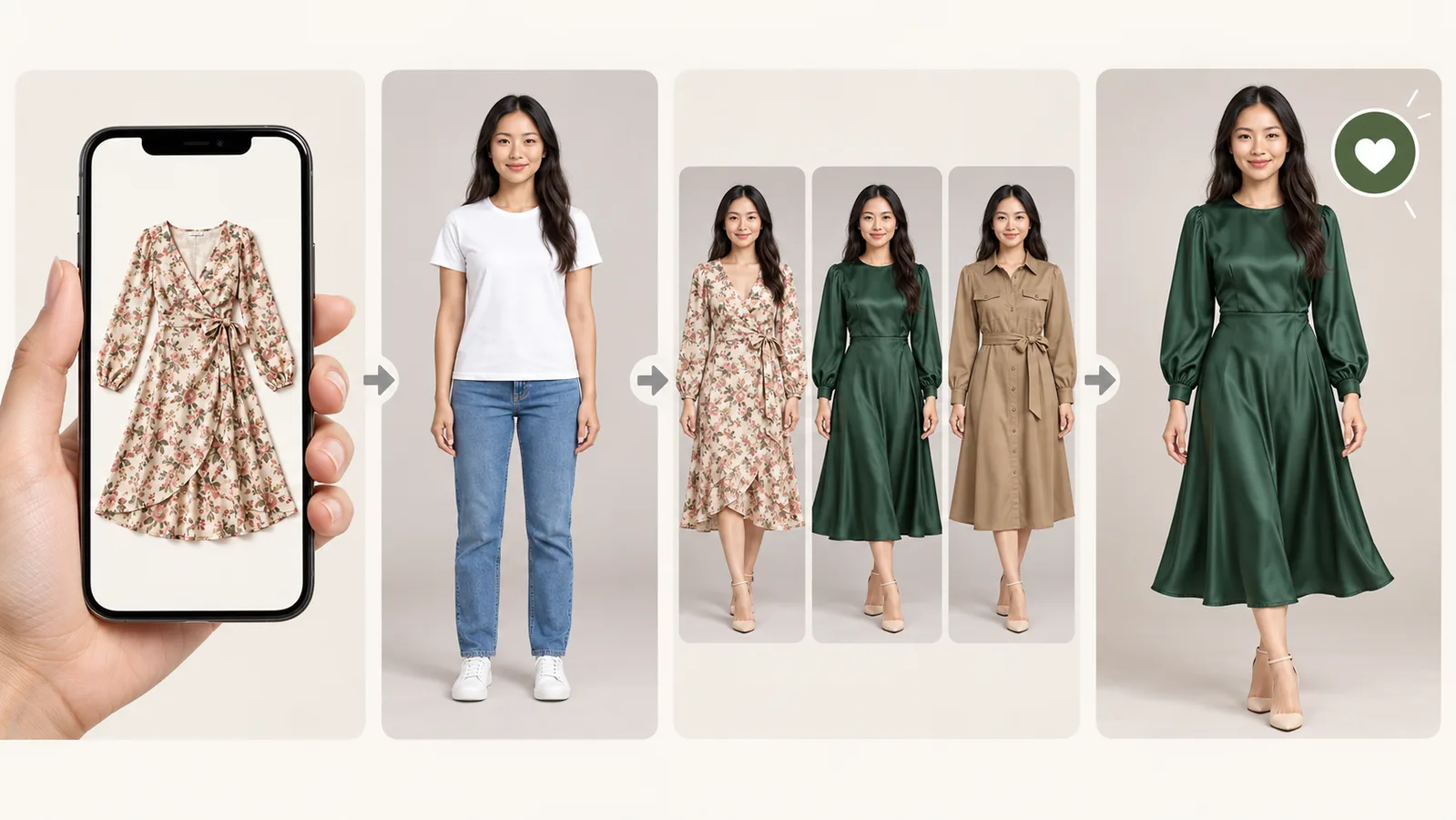 Four-step virtual outfit try on flow from product screenshot to upload, comparison and final pick