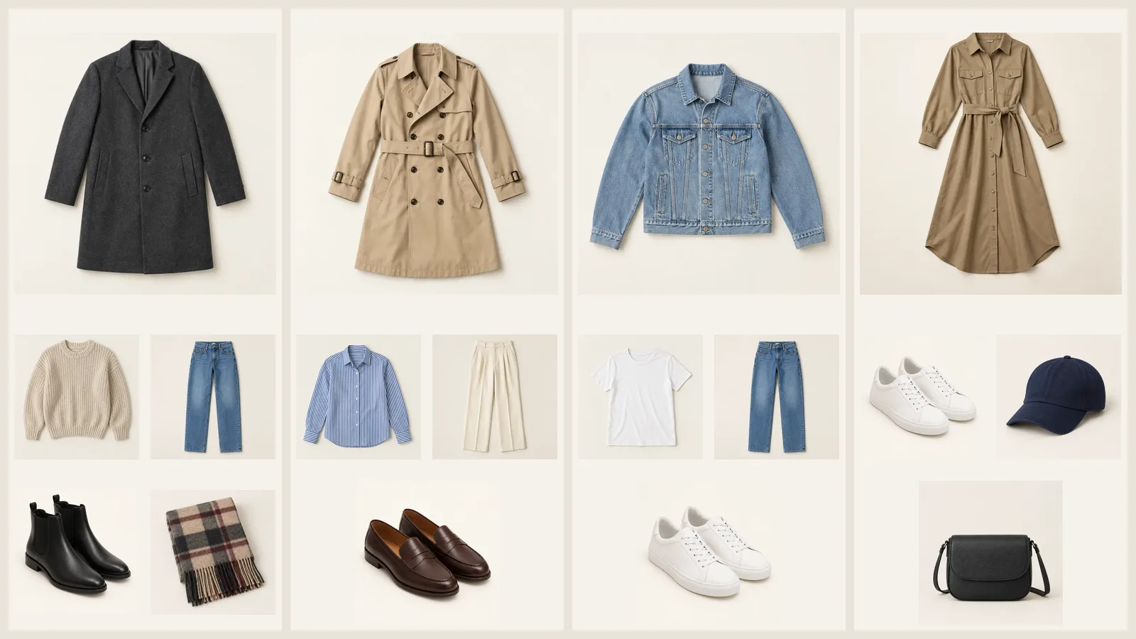 What should I wear from cold to warm: wool coat, trench, denim jacket and shirt dress outfits
