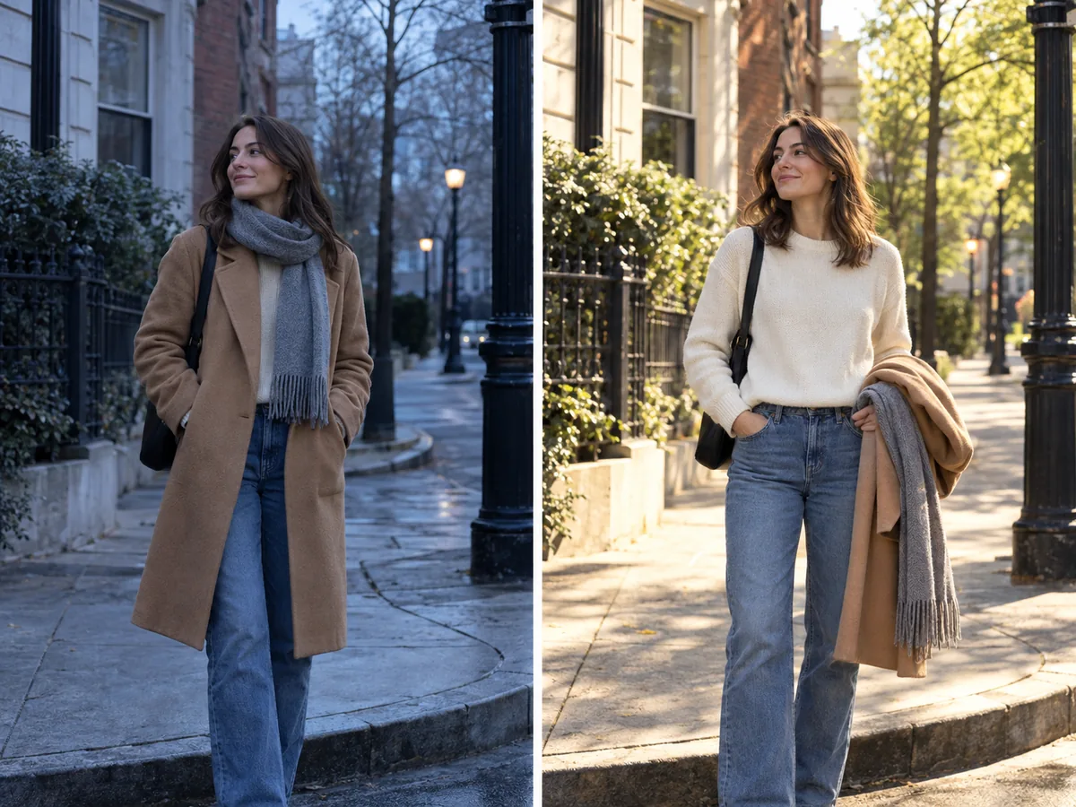 What should I wear on a cool morning and warm afternoon: same woman in a coat, then carrying it